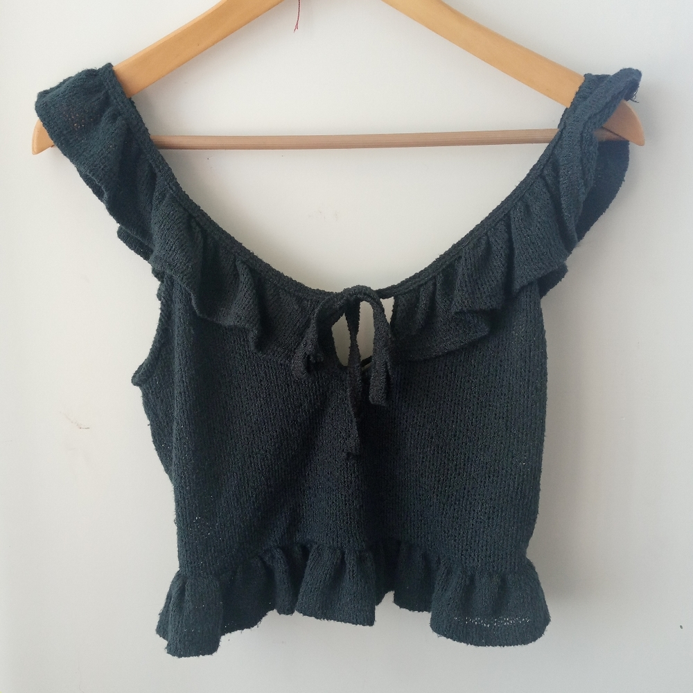 Urban Outfitters S Teal Tie-Front Ruffle Knit Top - Picture 2 of 10